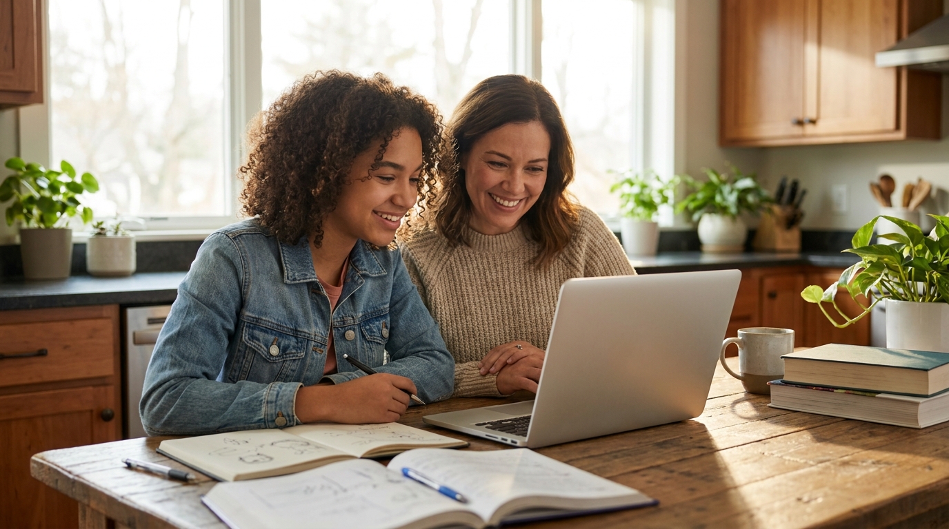 A parent and high school student reviewing the summer AI program together at home